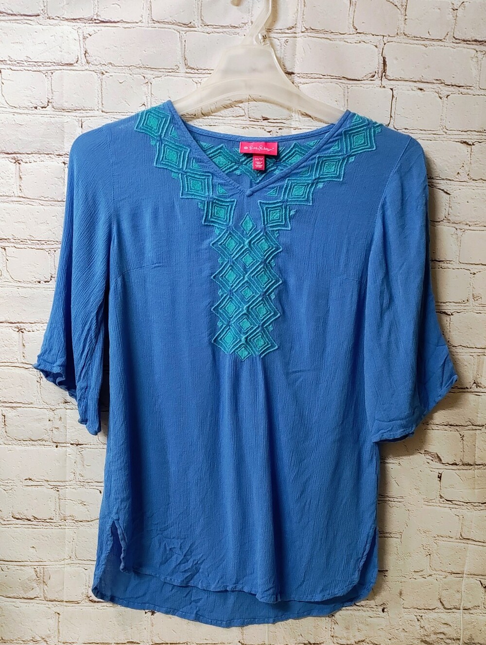 Lily Pulitzer Target Embroidered V Neck Blue Boho Tunic Top XS Beachy